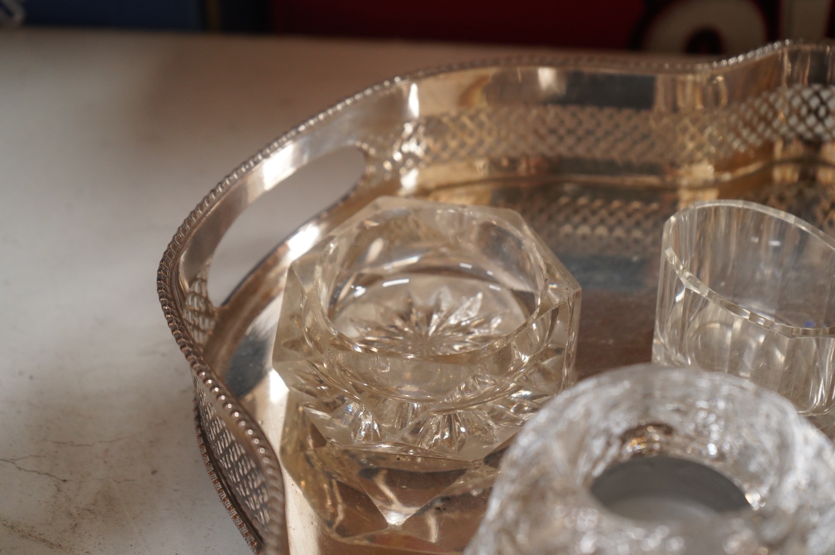 Webber & Hill, an oak cased canteen for six, a shaped galleried tea tray-60cm wide and tea service etc